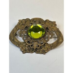 Antique Victorian Green Faceted Floral Brass Sash Brooch Pin